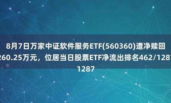 8月7日万家中证软件服务ETF(560360)遭净赎回260.25万元，位居当日股票ETF净流出排名462/1287