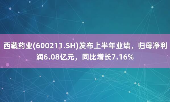西藏药业(600211.SH)发布上半年业绩，归母净利润6.08亿元，同比增长7.16%