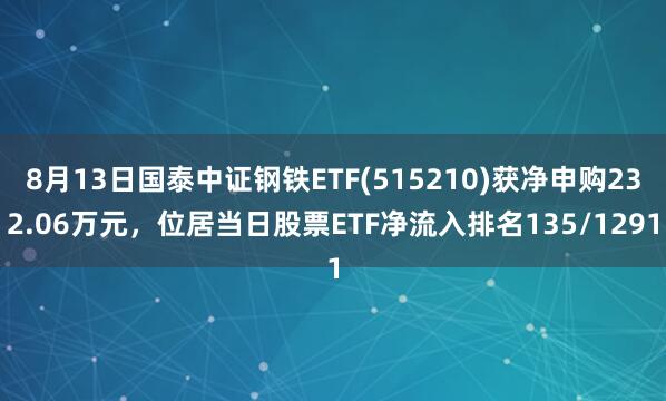 8月13日国泰中证钢铁ETF(515210)获净申购232.06万元，位居当日股票ETF净流入排名135/1291