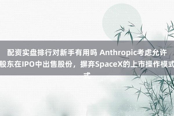 配资实盘排行对新手有用吗 Anthropic考虑允许股东在IPO中出售股份，摒弃SpaceX的上市操作模式